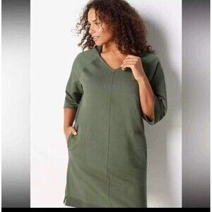 J.Jill Excellent Fit Elevate Terry Hooded Dress, Pesto Green Medium Minimalist